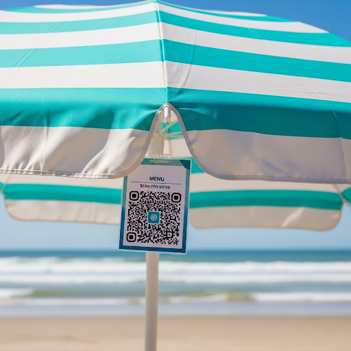 Beach umbrella with QR menu code for contactless ordering